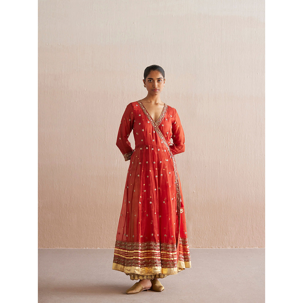 WeaverStory Nayaab Rust Orange Organza Angarkha with Cotton Tissue Pant (Set of 2)