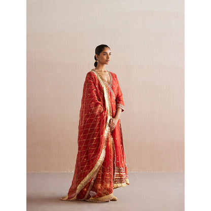 WeaverStory Nayaab Rust Orange Organza Angarkha with Cotton Tissue Pant (Set of 2)