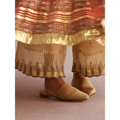 WeaverStory Nayaab Rust Orange Organza Angarkha with Cotton Tissue Pant (Set of 2)