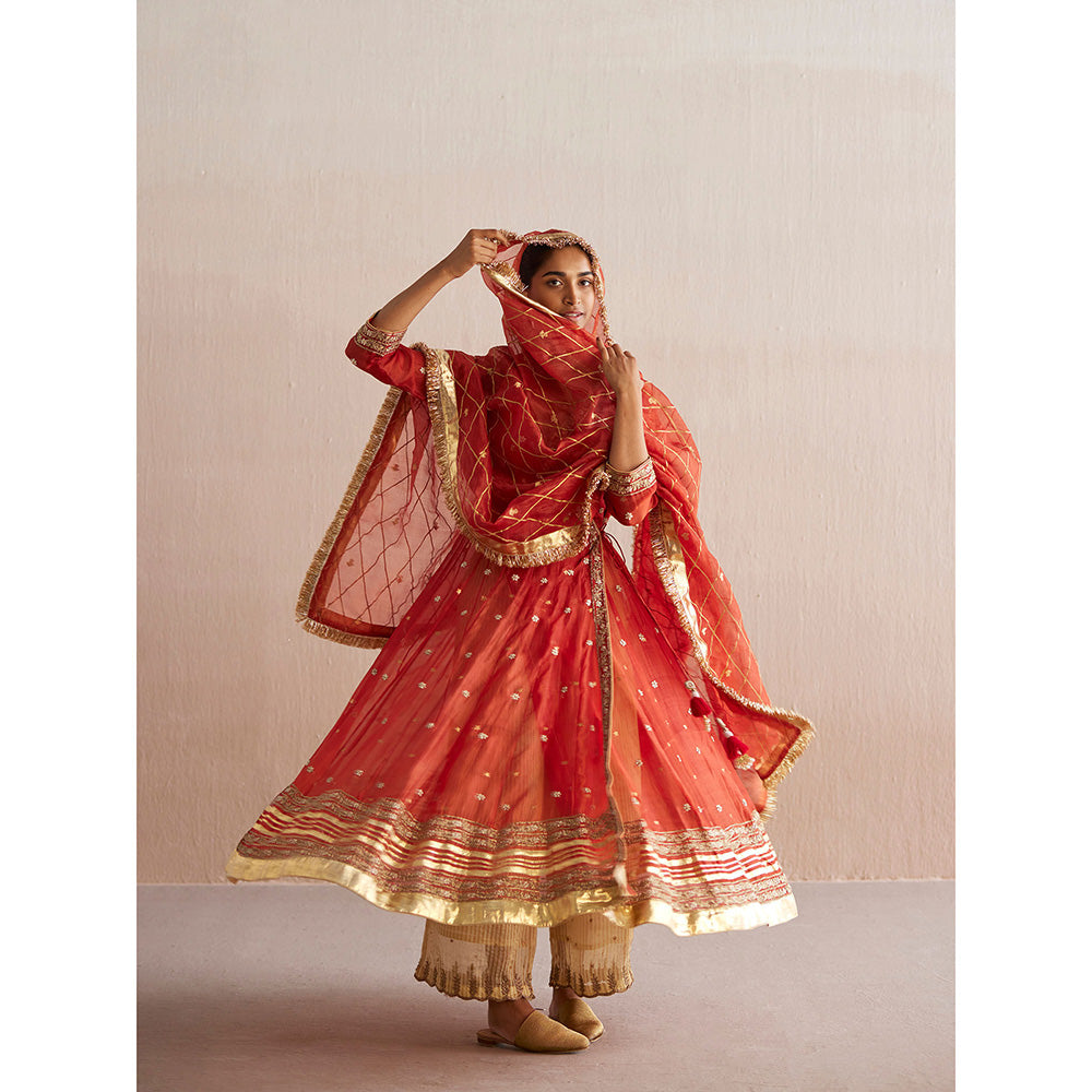 WeaverStory Nayaab Rust Orange Organza Angarkha with Cotton Tissue Pant (Set of 2)