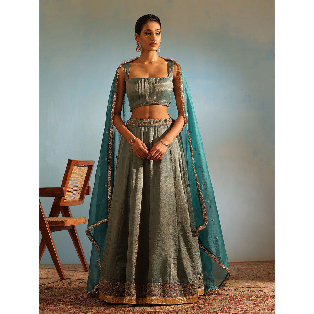 WeaverStory Green Hand Tissue Silk Zardozi Lehenga with Choli and Organza Dupatta (Set of 3)