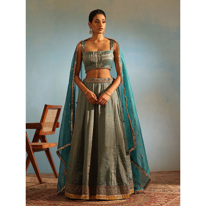 WeaverStory Green Hand Tissue Silk Zardozi Lehenga with Choli and Organza Dupatta (Set of 3)