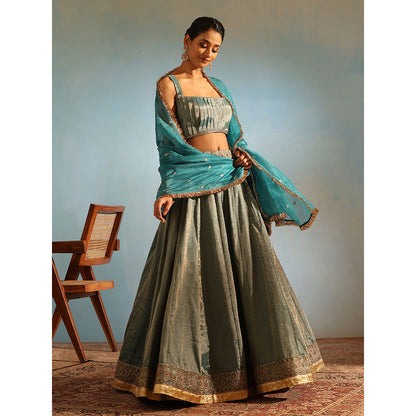 WeaverStory Green Hand Tissue Silk Zardozi Lehenga with Choli and Organza Dupatta (Set of 3)