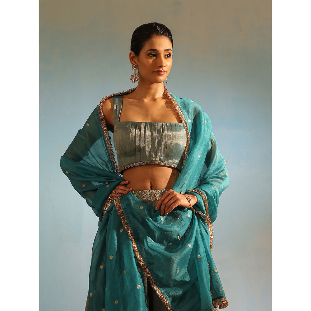 WeaverStory Green Hand Tissue Silk Zardozi Lehenga with Choli and Organza Dupatta (Set of 3)