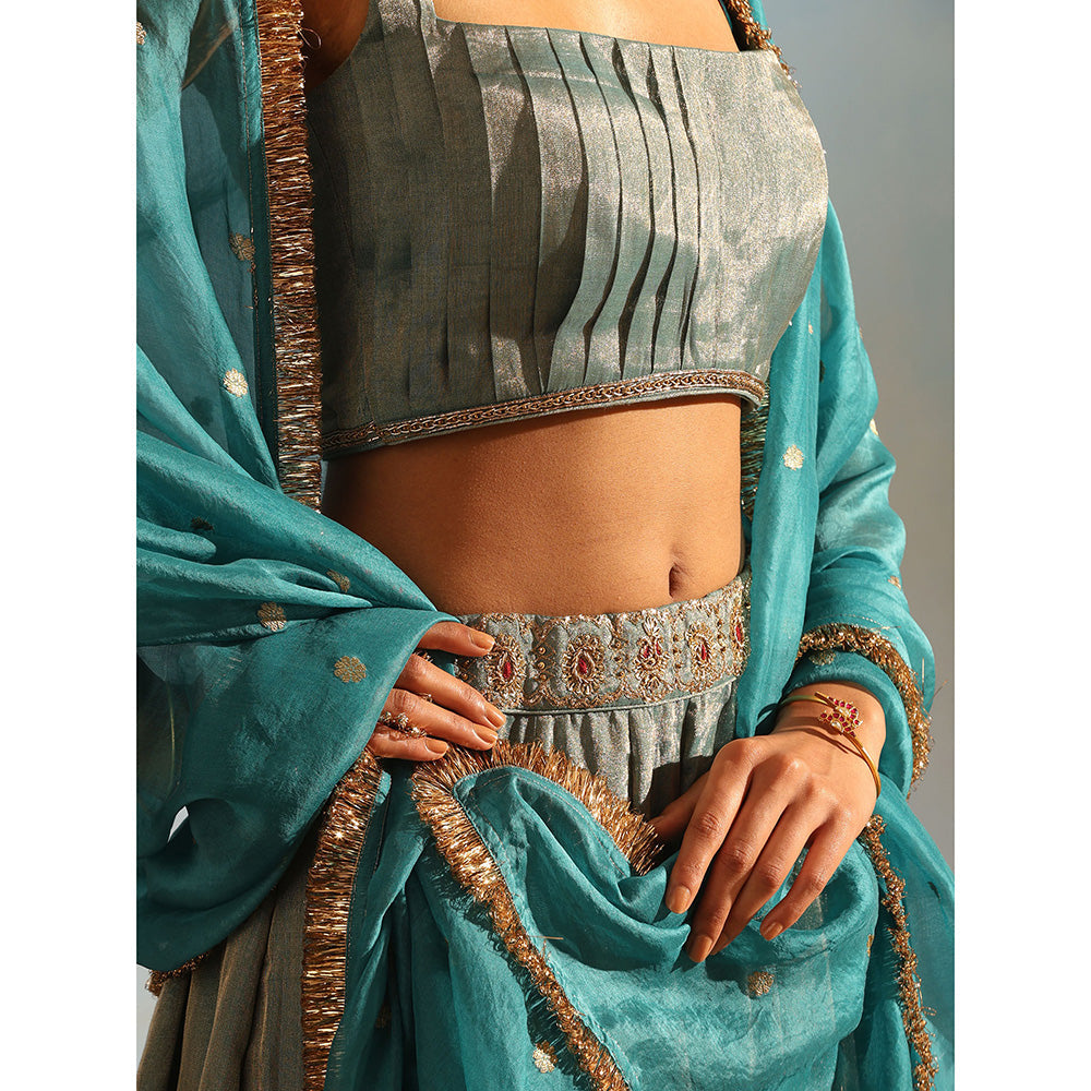 WeaverStory Green Hand Tissue Silk Zardozi Lehenga with Choli and Organza Dupatta (Set of 3)
