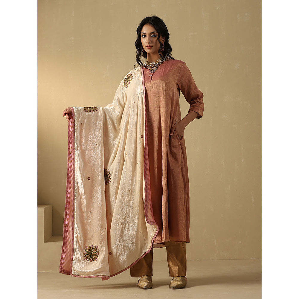 WeaverStory Off-White Hand Embroidered Zardozi Silk Velvet With Contrast Dupatta
