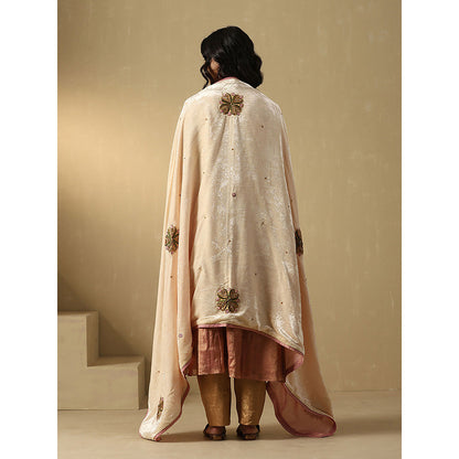 WeaverStory Off-White Hand Embroidered Zardozi Silk Velvet With Contrast Dupatta