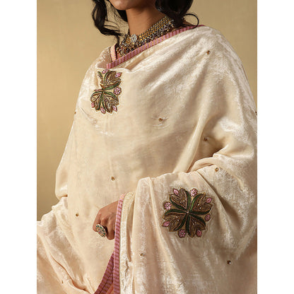 WeaverStory Off-White Hand Embroidered Zardozi Silk Velvet With Contrast Dupatta