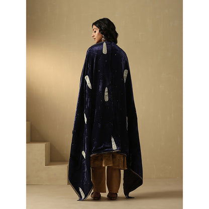 WeaverStory Navy Blue Hand Embroidered Zardozi Silk Velvet Goshala With Dupatta