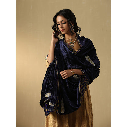 WeaverStory Navy Blue Hand Embroidered Zardozi Silk Velvet Goshala With Dupatta
