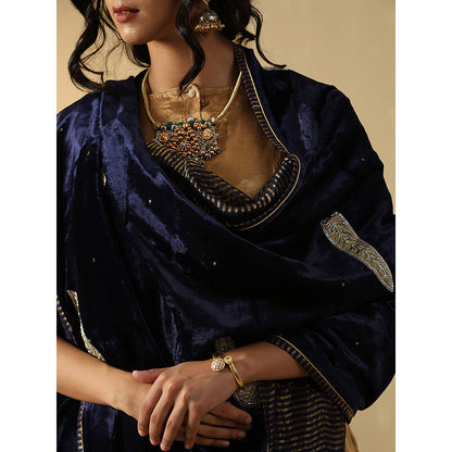 WeaverStory Navy Blue Hand Embroidered Zardozi Silk Velvet Goshala With Dupatta