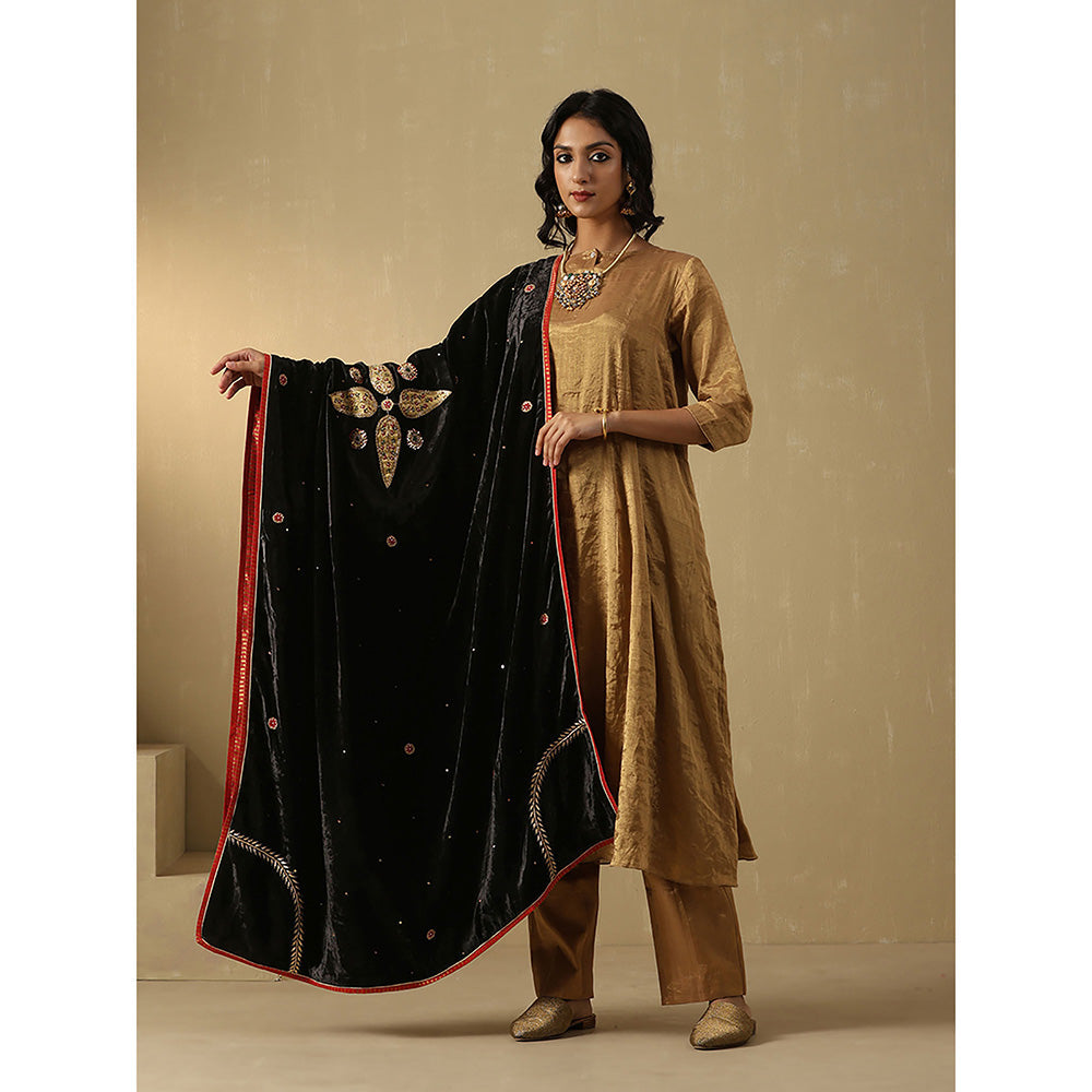 WeaverStory Black Hand Embroidered Zardozi Silk Velvet With Dupatta