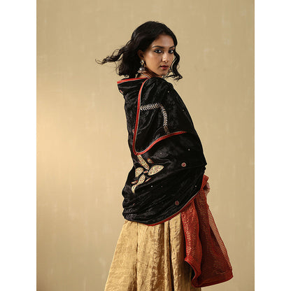 WeaverStory Black Hand Embroidered Zardozi Silk Velvet With Dupatta