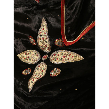 WeaverStory Black Hand Embroidered Zardozi Silk Velvet With Dupatta