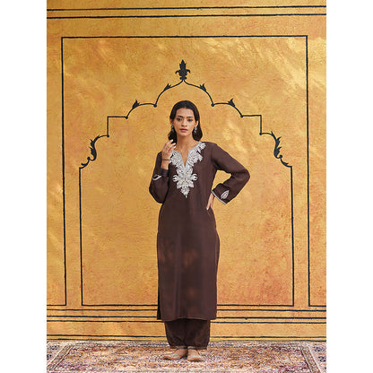 WeaverStory Brown Pure Silk Tilla Hand Embroidered Kurta With Pants And Dupatta (Set of 3)