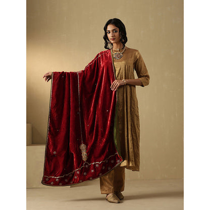 WeaverStory Maroon Embroidered Zardozi Dupatta