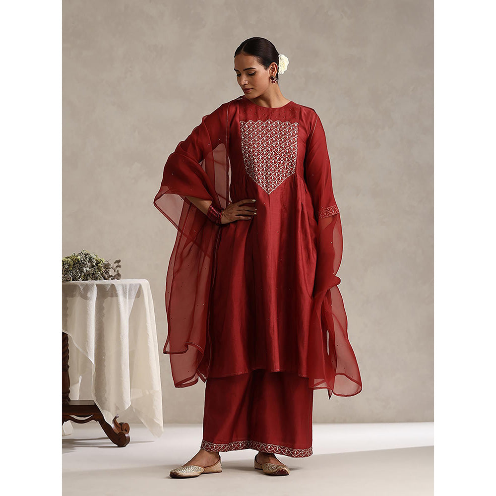 WeaverStory Maroon Chanderi Embroidered Kurta with Palazzo and Organza Dupatta (Set of 3)