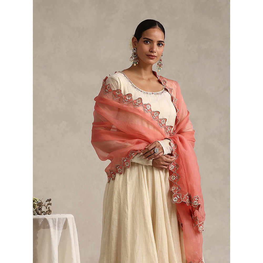 WeaverStory Off White Chanderi Embroidered Anarkali with Churidar and Dupatta (Set of 3)