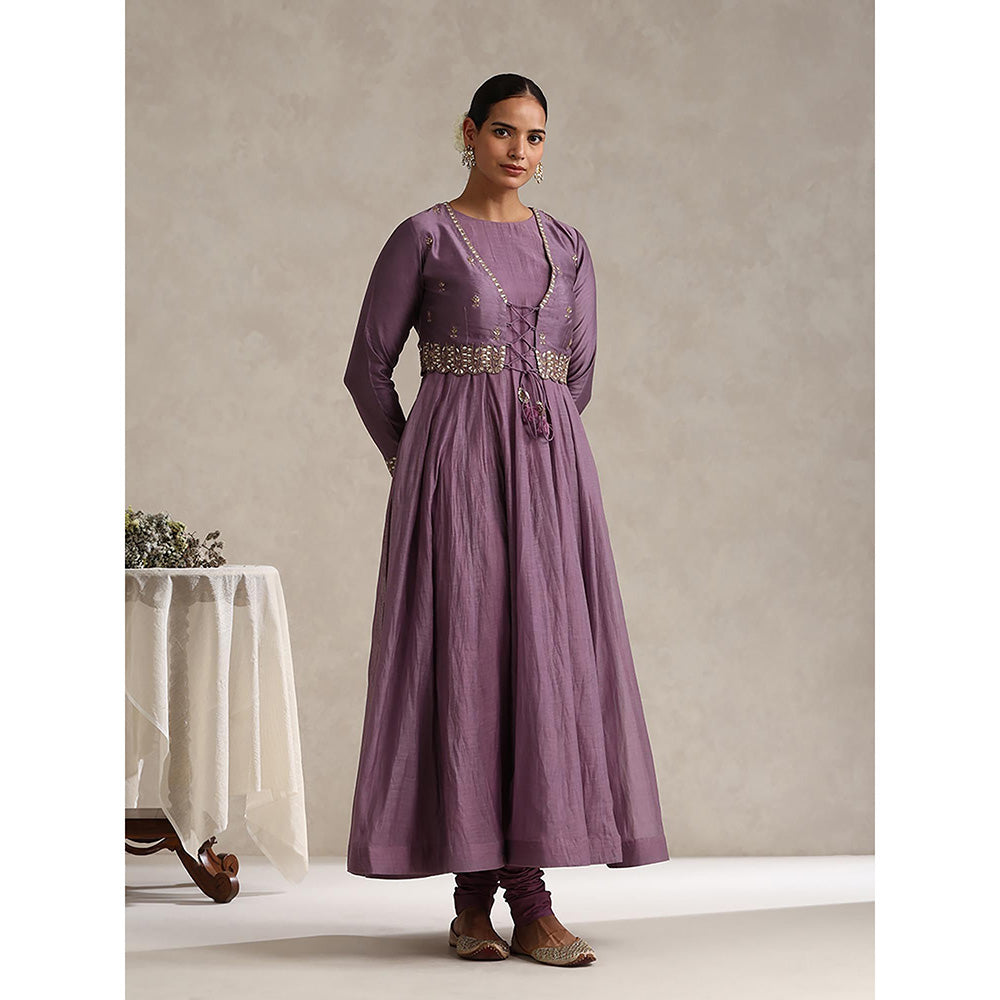 WeaverStory Purple Chanderi Embroidered Anarkali with Koti and Churidar (Set of 3)