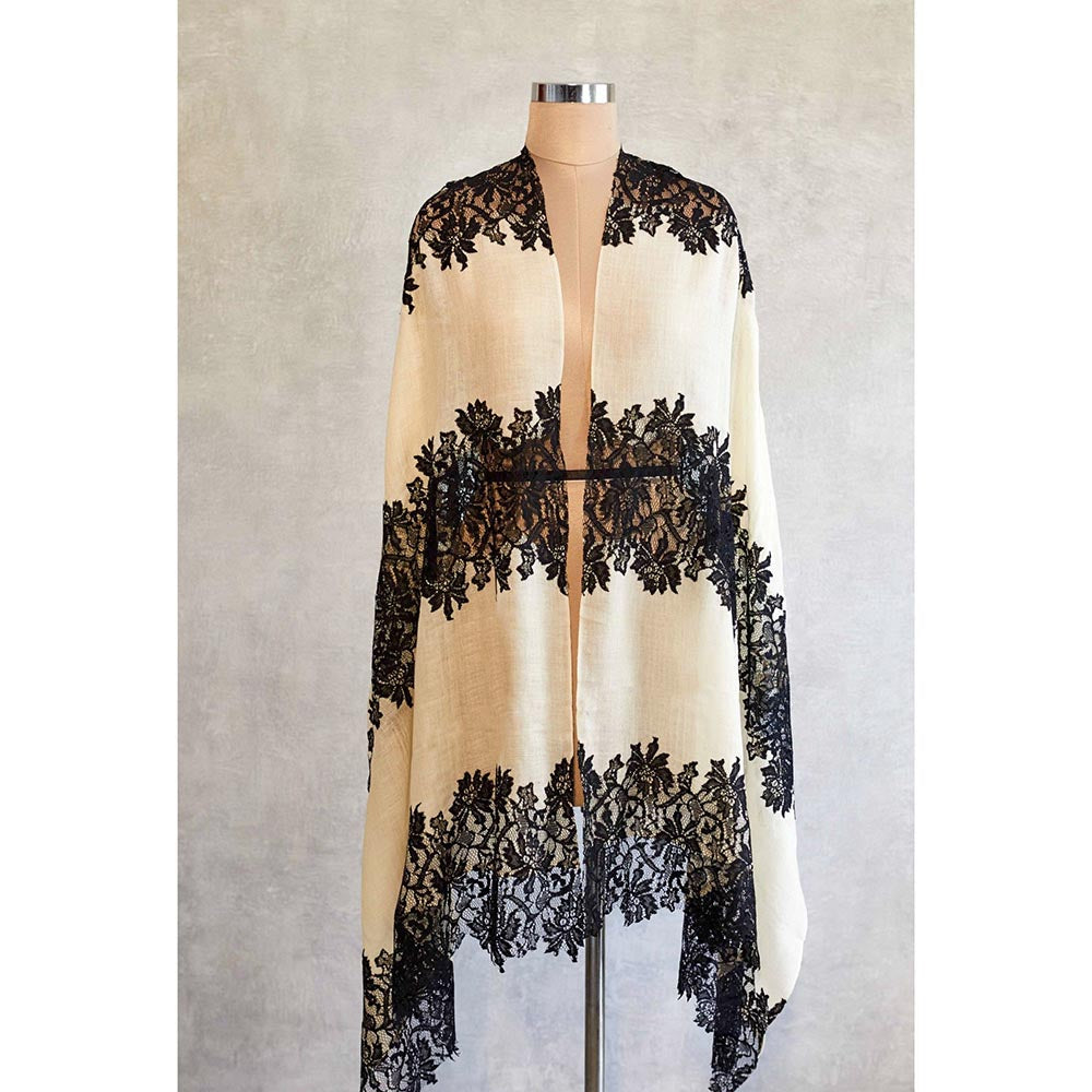 Wrapture By Suzanne Hibiscus Panels In Ivory And Black Shawl