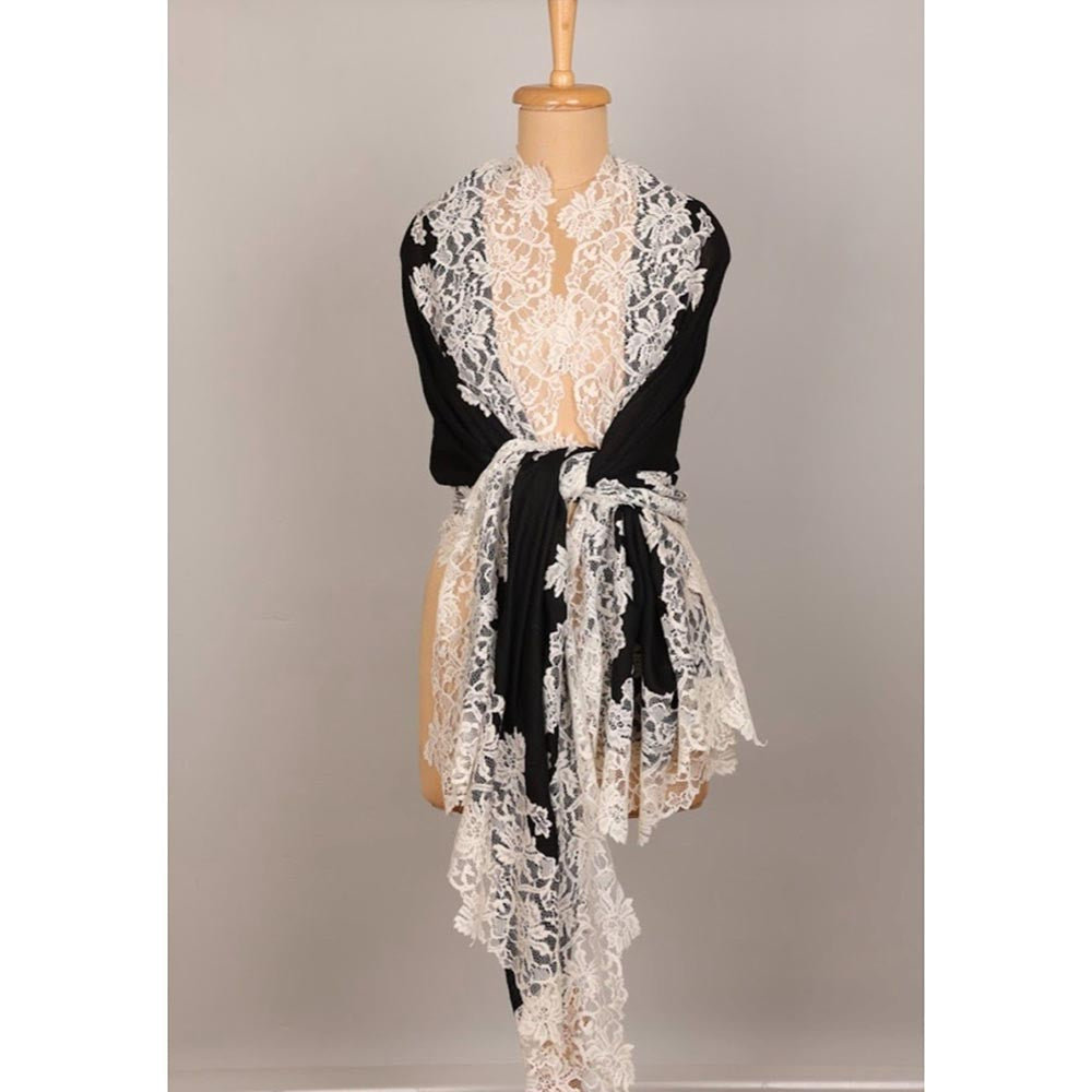 Wrapture By Suzanne Hibiscus Lace In Black And Ivory Shawl
