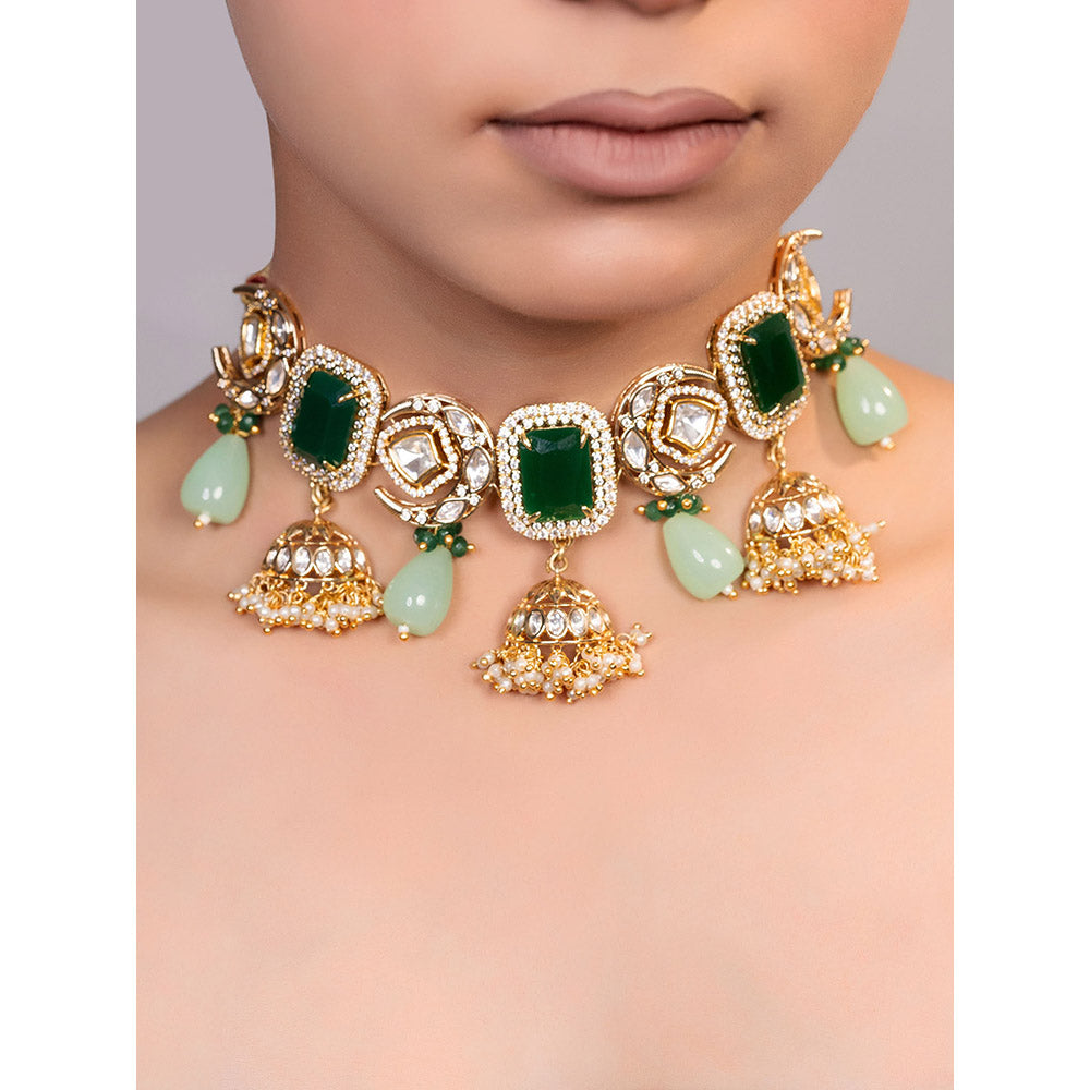 XAGO Le Ezhil Gold Plated Green Studded Choker Necklace