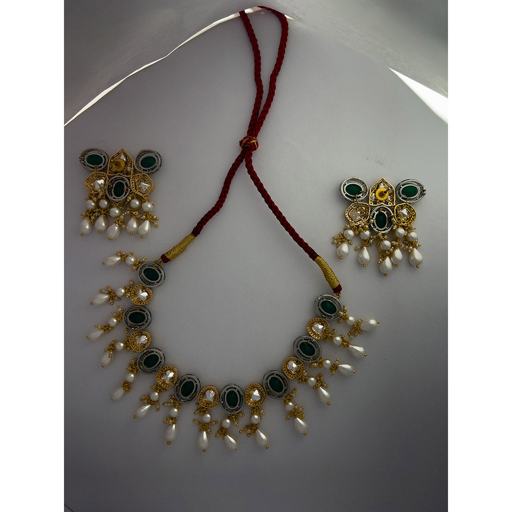 XAGO Le Adi Gold Plated Mint Green Beads and Pearls Studded Choker Set