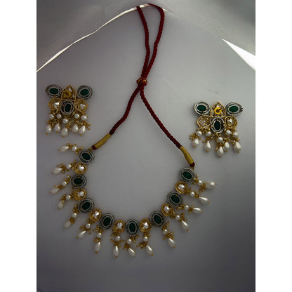 XAGO Le Adi Gold Plated Mint Green Beads and Pearls Studded Choker Set