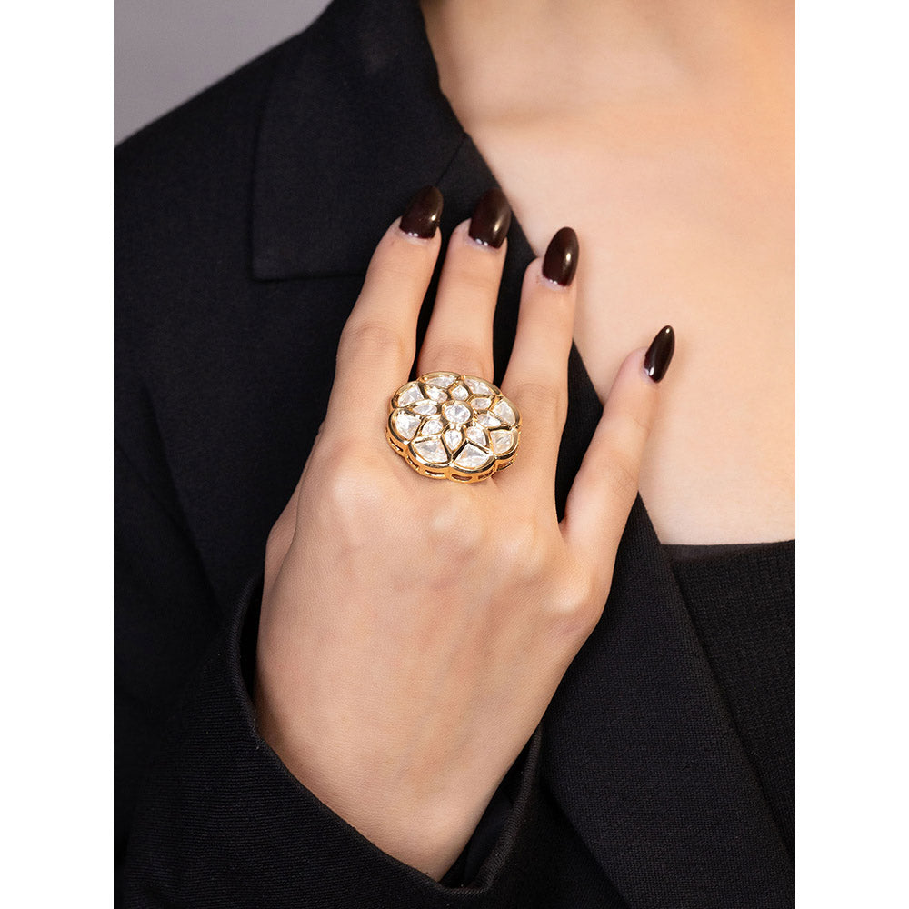 XAGO Le Iramo Gold-Plated Kundan Mossanite-Studded Adjustable Ring