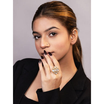 XAGO Le Luciya White Gold-Plated Kundan-Studded Finger Ring