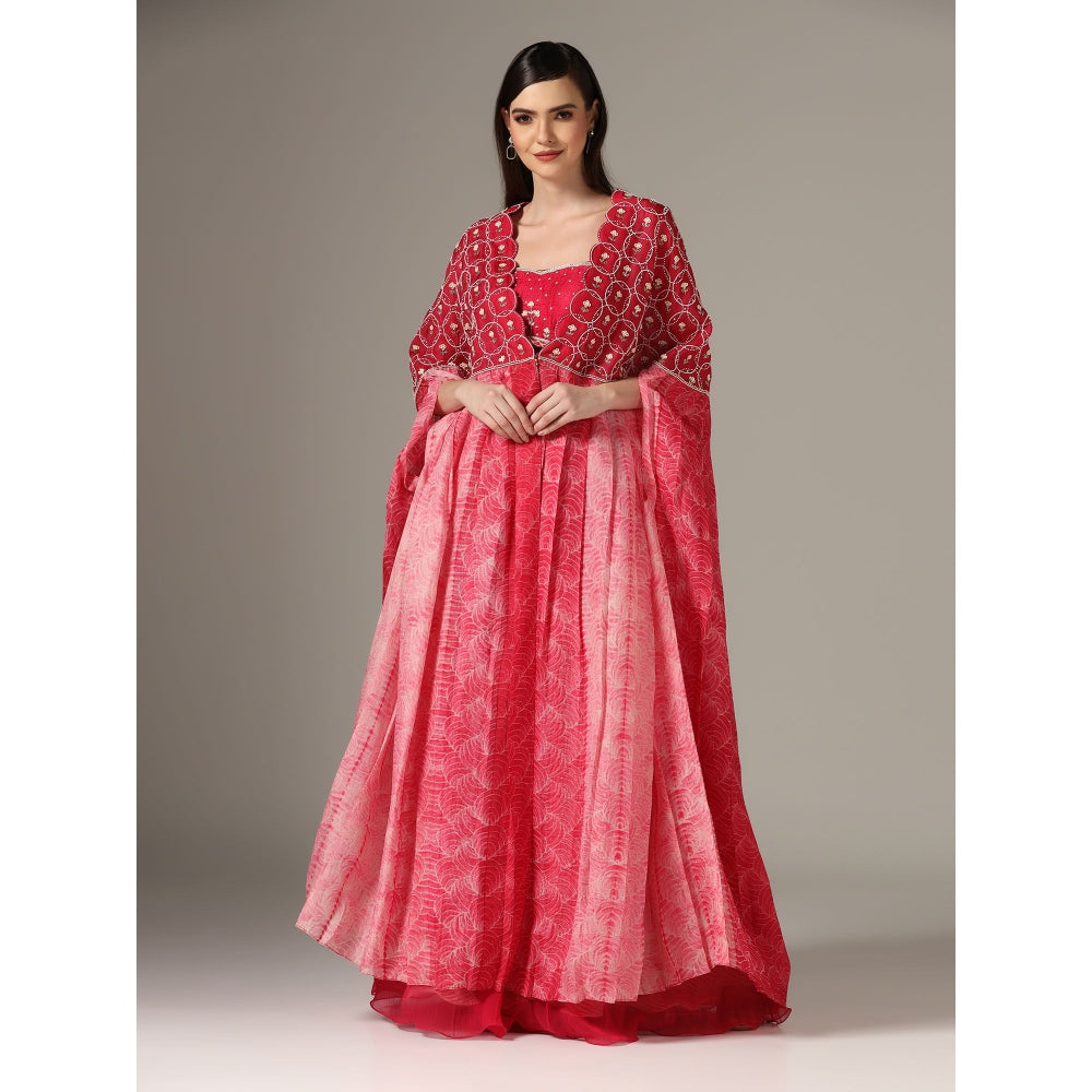YASHODHARA Pink Cape with Moti with Bustier and Pleated Palazzo (Set of 3)