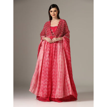 YASHODHARA Pink Cape with Moti with Bustier and Pleated Palazzo (Set of 3)