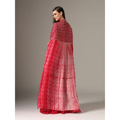 YASHODHARA Pink Cape with Moti with Bustier and Pleated Palazzo (Set of 3)