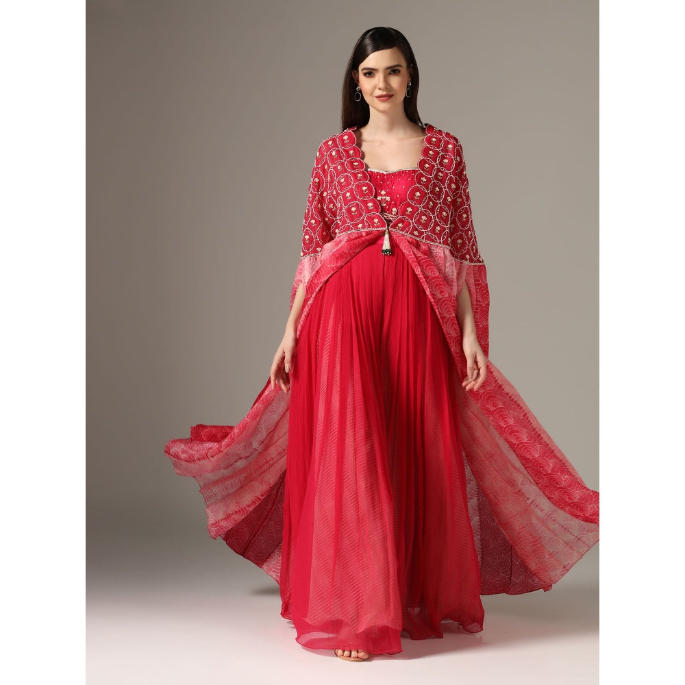 YASHODHARA Pink Cape with Moti with Bustier and Pleated Palazzo (Set of 3)