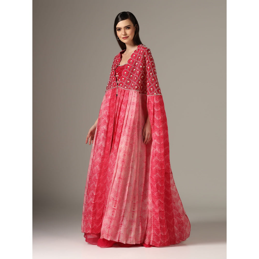 YASHODHARA Pink Cape with Moti with Bustier and Pleated Palazzo (Set of 3)