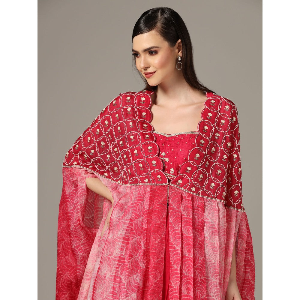 YASHODHARA Pink Cape with Moti with Bustier and Pleated Palazzo (Set of 3)
