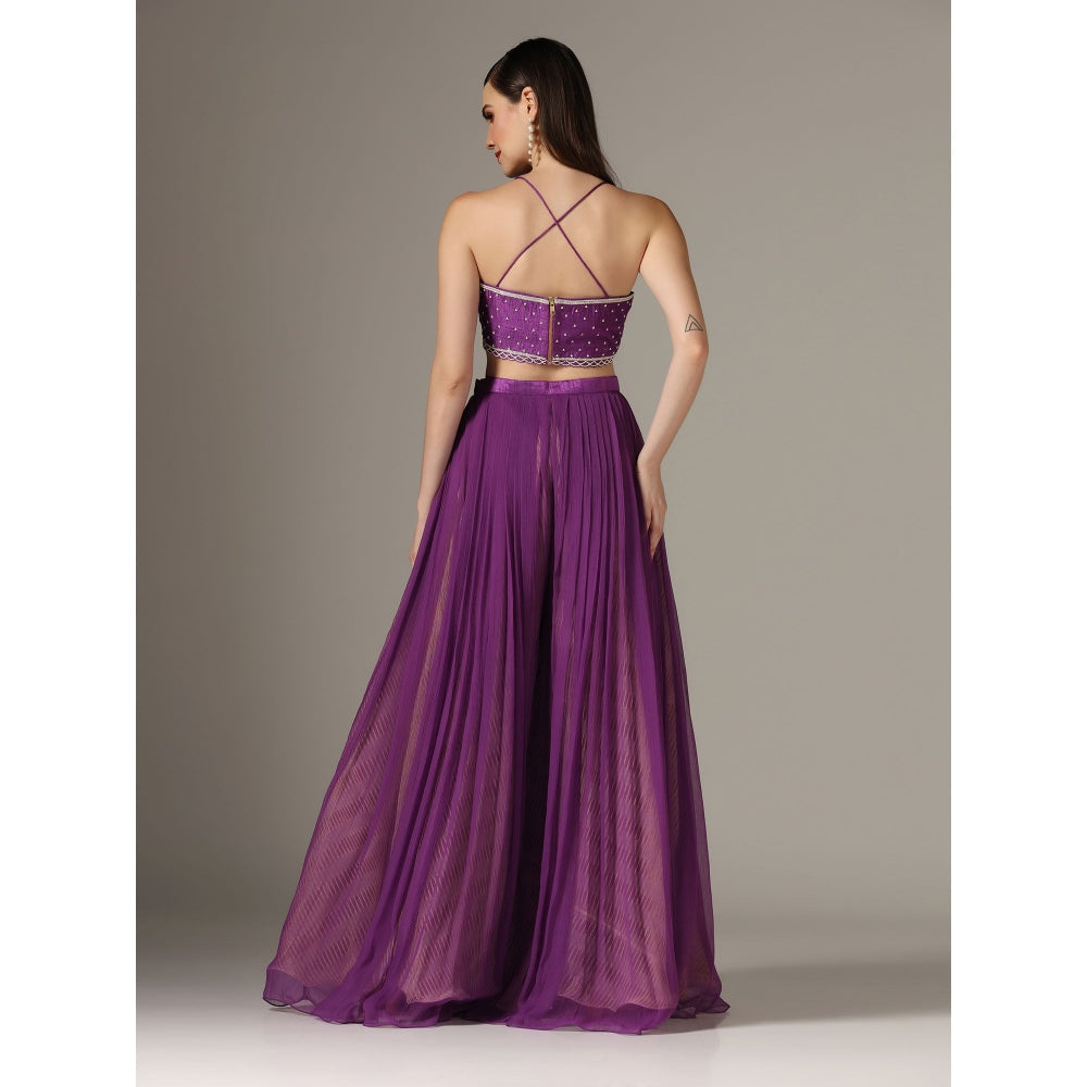 YASHODHARA Purple Cape with Moti Bustier and Pleated Palazzo (Set of 3)