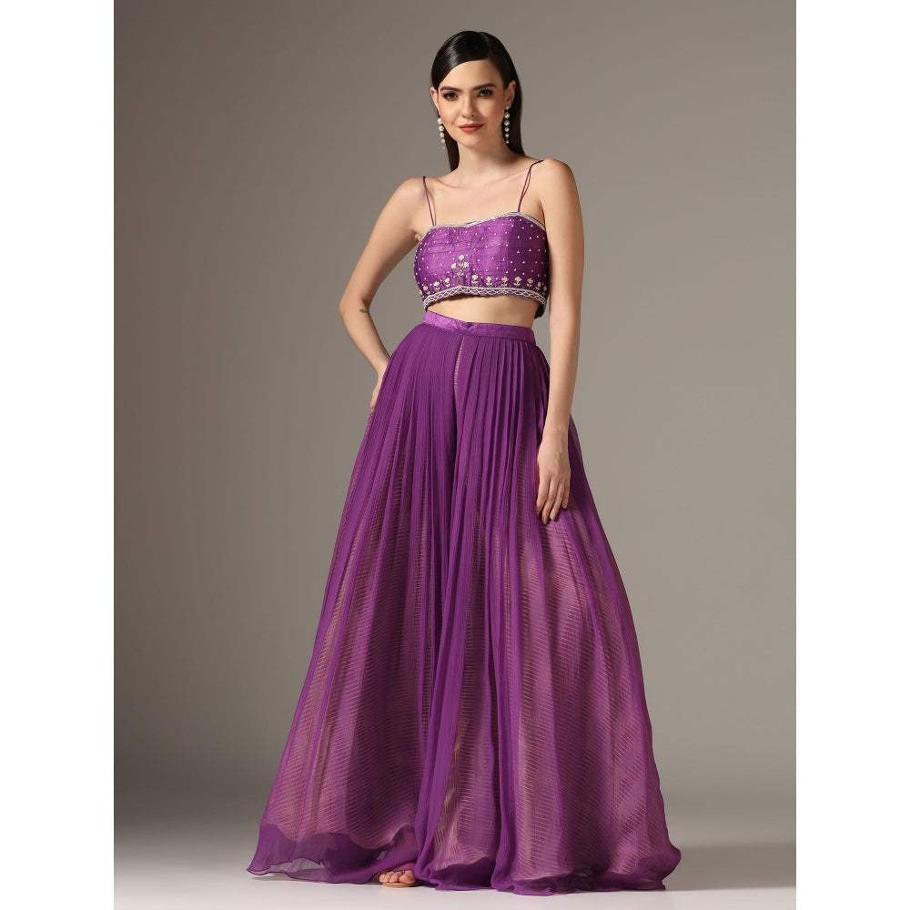 YASHODHARA Purple Cape with Moti Bustier and Pleated Palazzo (Set of 3)