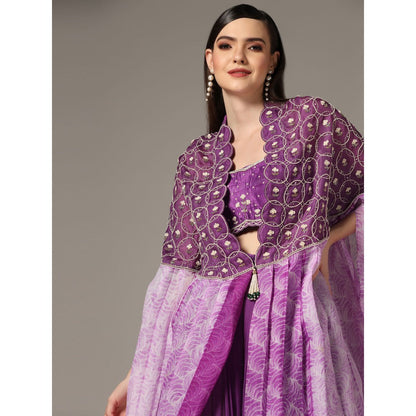 YASHODHARA Purple Cape with Moti Bustier and Pleated Palazzo (Set of 3)
