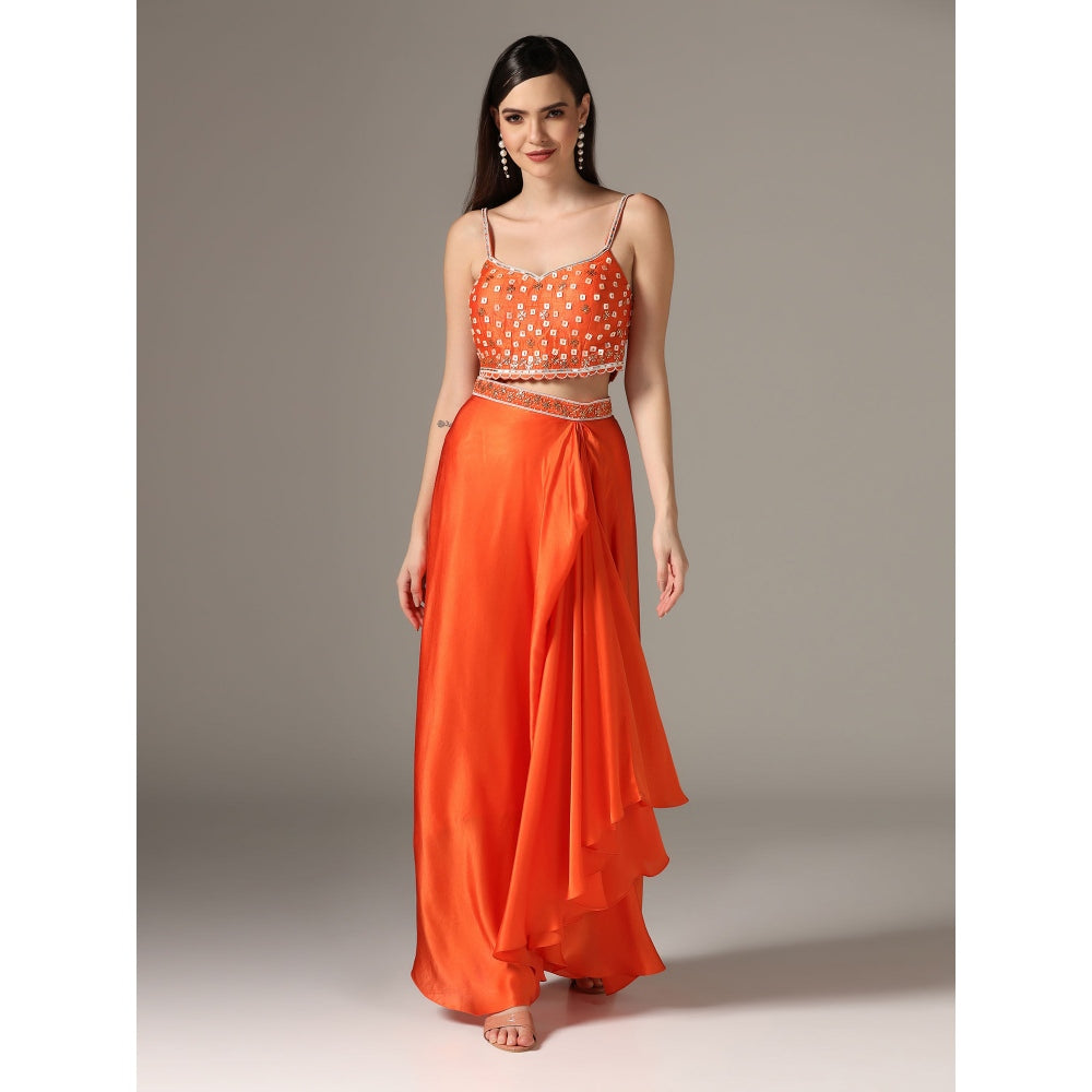 YASHODHARA Orange Drape Skirt with Shibori Cape and Bustier Set (Set of 3)