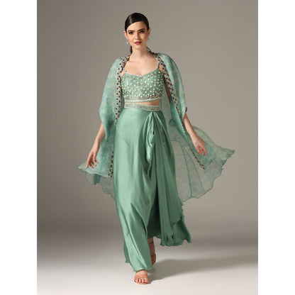YASHODHARA Eco Green Drape Skirt with Shibori Cape and Bustier Set (Set of 3)