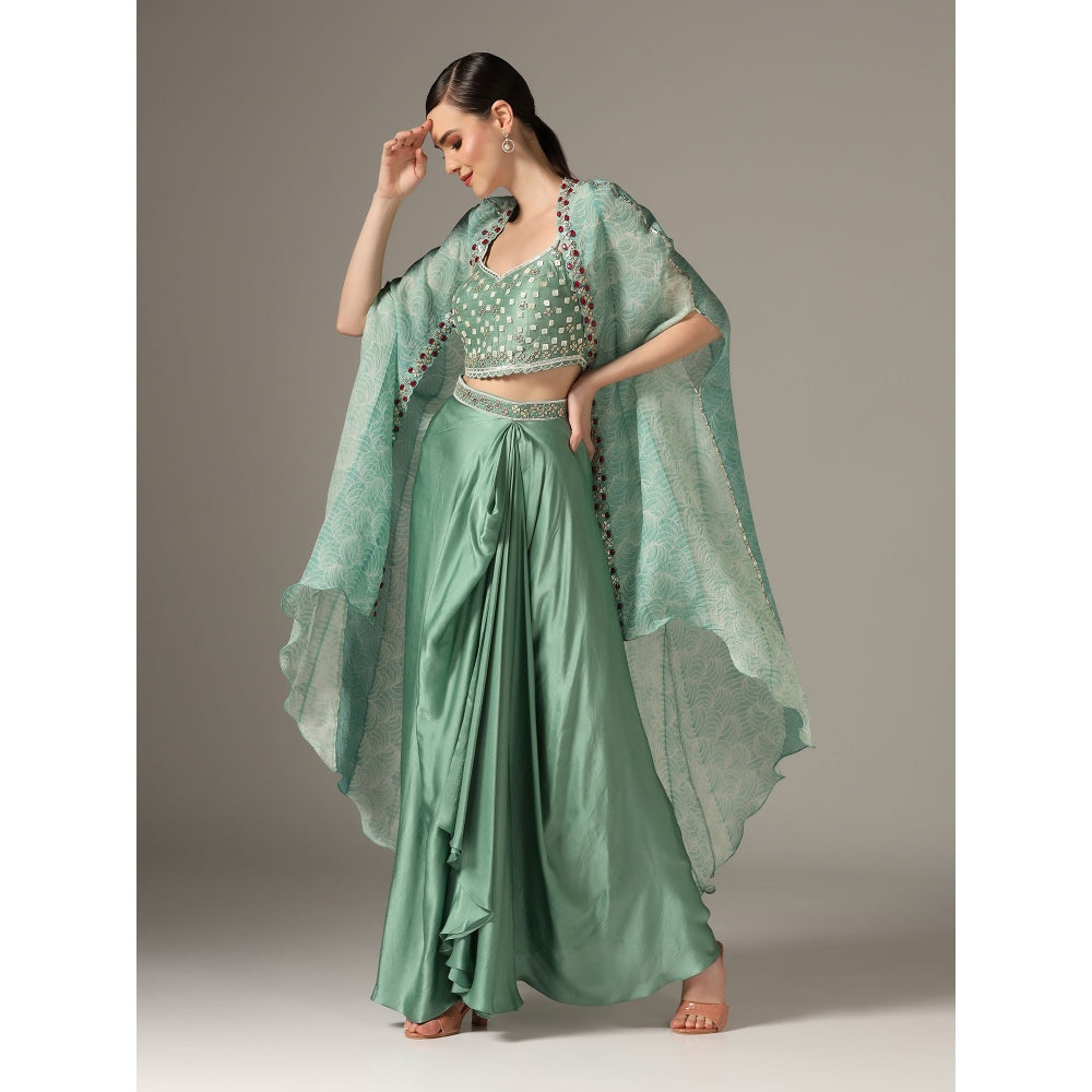 YASHODHARA Eco Green Drape Skirt with Shibori Cape and Bustier Set (Set of 3)