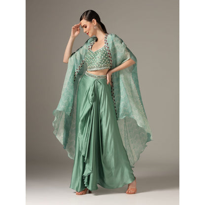 YASHODHARA Eco Green Drape Skirt with Shibori Cape and Bustier Set (Set of 3)