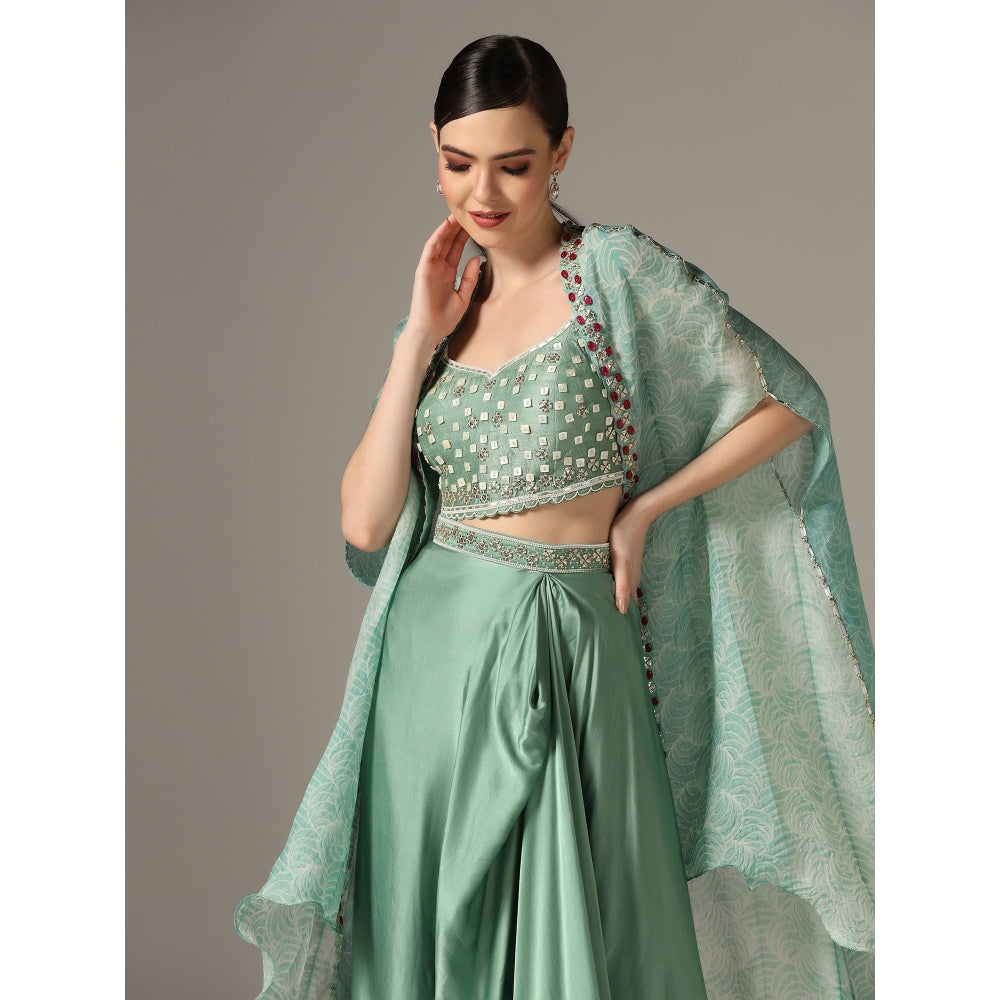 YASHODHARA Eco Green Drape Skirt with Shibori Cape and Bustier Set (Set of 3)