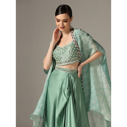 YASHODHARA Eco Green Drape Skirt with Shibori Cape and Bustier Set (Set of 3)