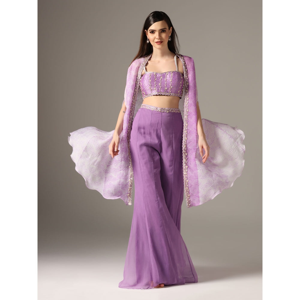 YASHODHARA Purple Shibori Cape with Bustier and Palazzo (Set of 3)