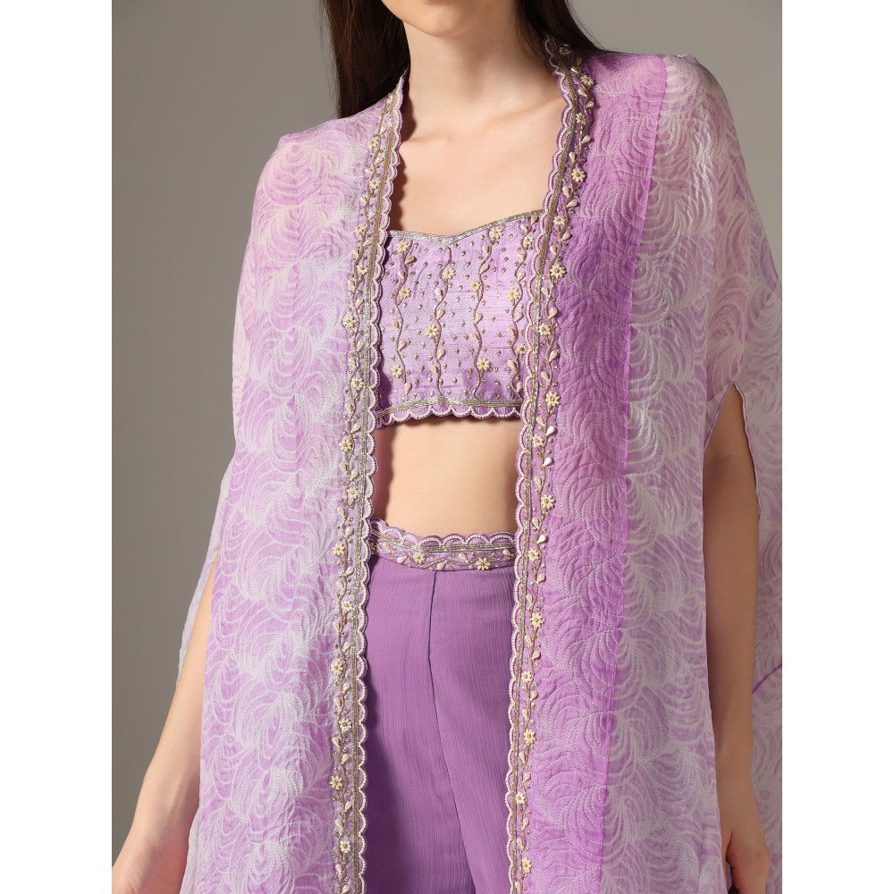 YASHODHARA Purple Shibori Cape with Bustier and Palazzo (Set of 3)