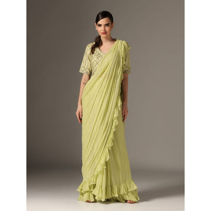 YASHODHARA Jade Chiffon Mughal Sequined Blouse with Saree