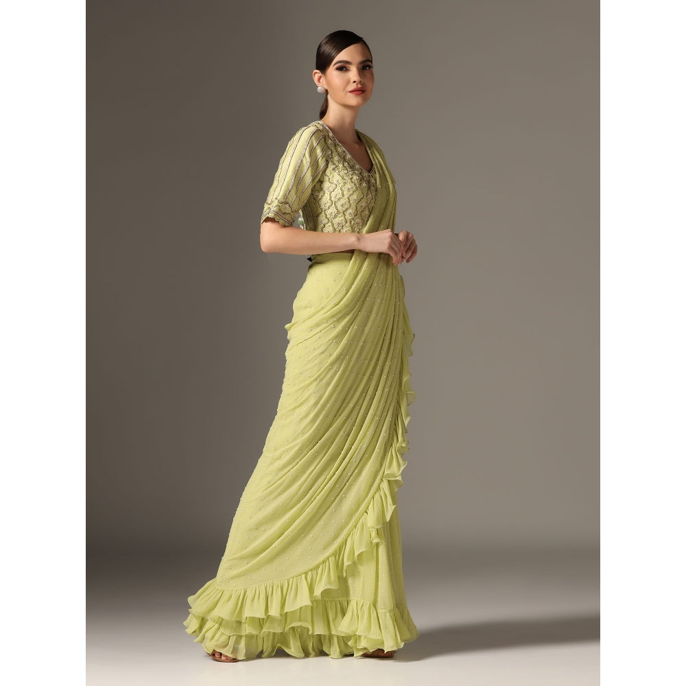 YASHODHARA Jade Chiffon Mughal Sequined Blouse with Saree