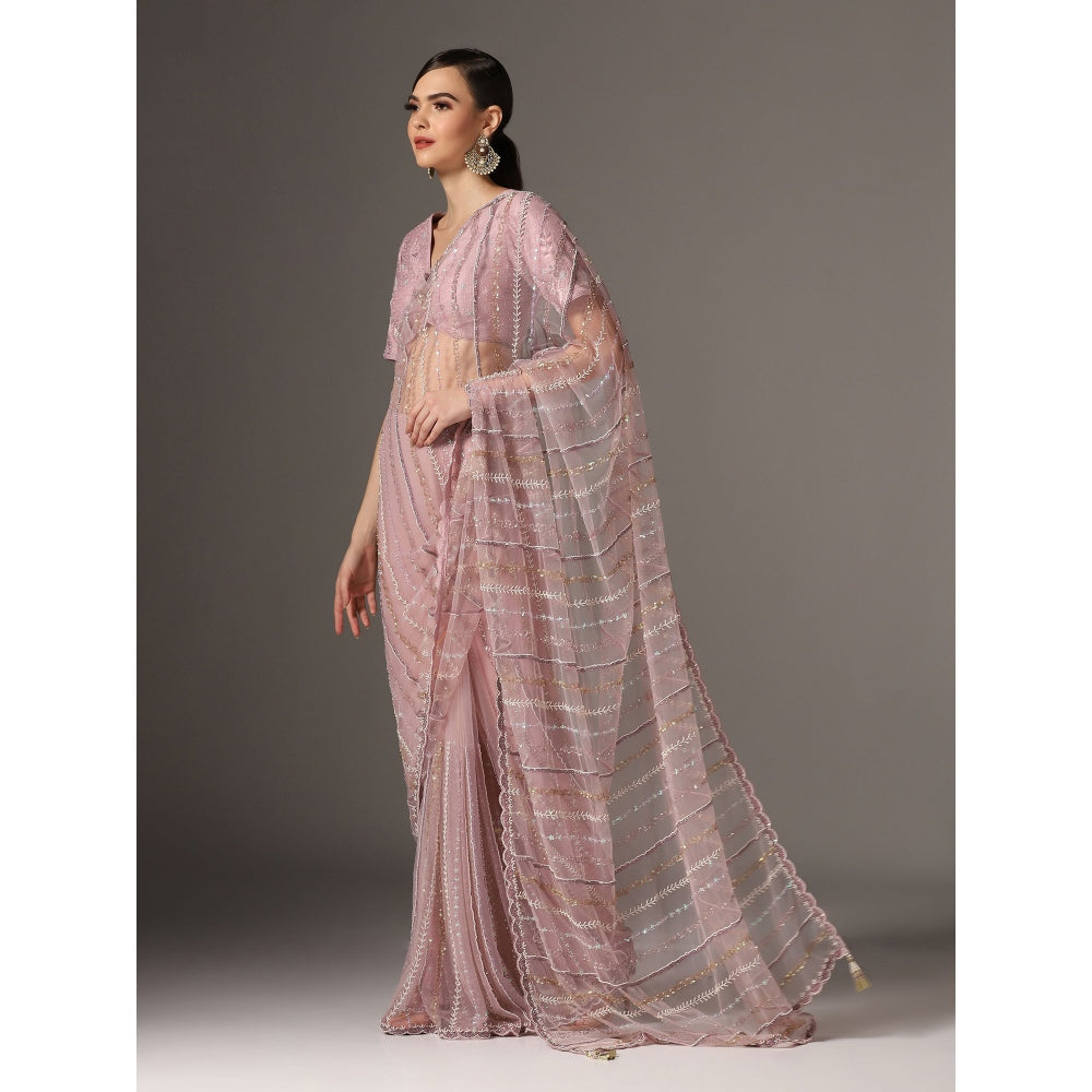 YASHODHARA Purple Net Sequined Saree with Blouse